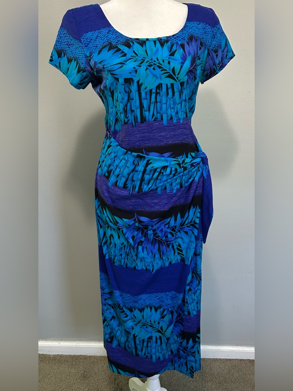 Vintage Island vibes Tropical Blue Teal purple Leaf Print wrap Dress - Picture 8 of 8